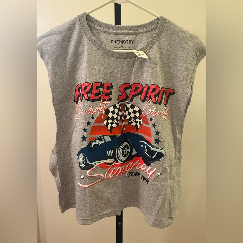 Chemistry Women’s Gray Muscle Tee Top with Red & Navy Corvette Graphic 1996